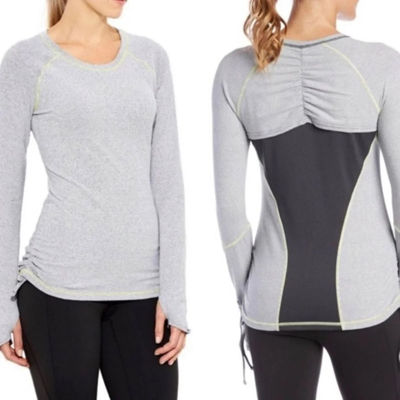 Lucy Tech Women’s Top Long Sleeved Ruched Thumbholes Grey Stripe Large - Picture 1 of 7